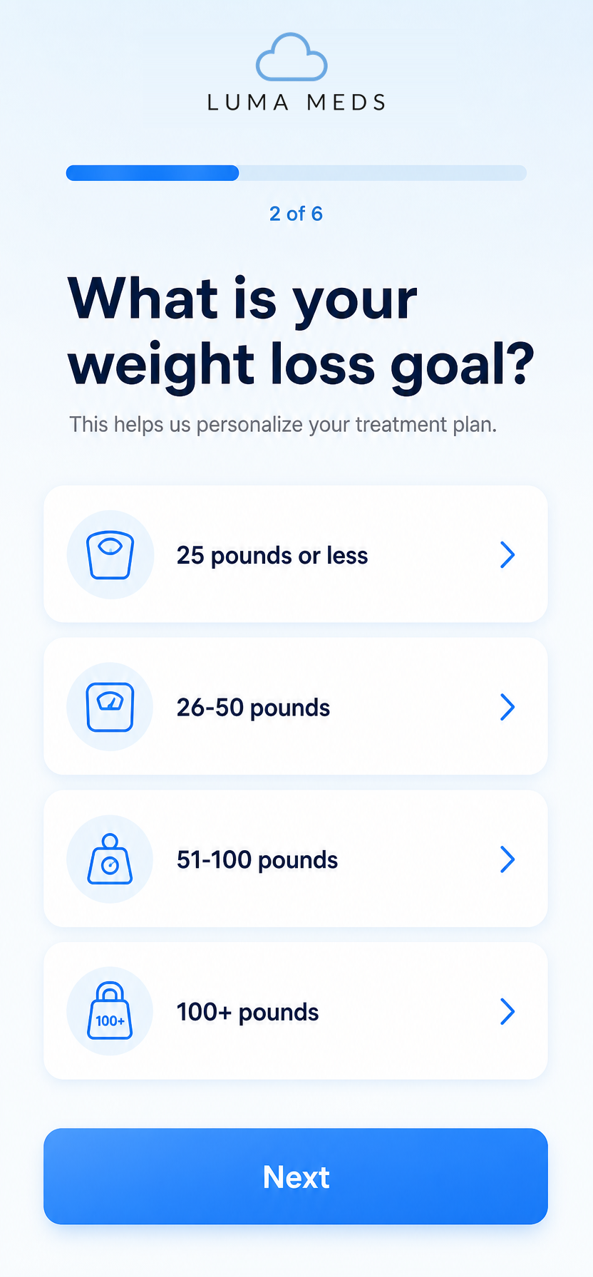 App screen asking what your weight loss goal is.